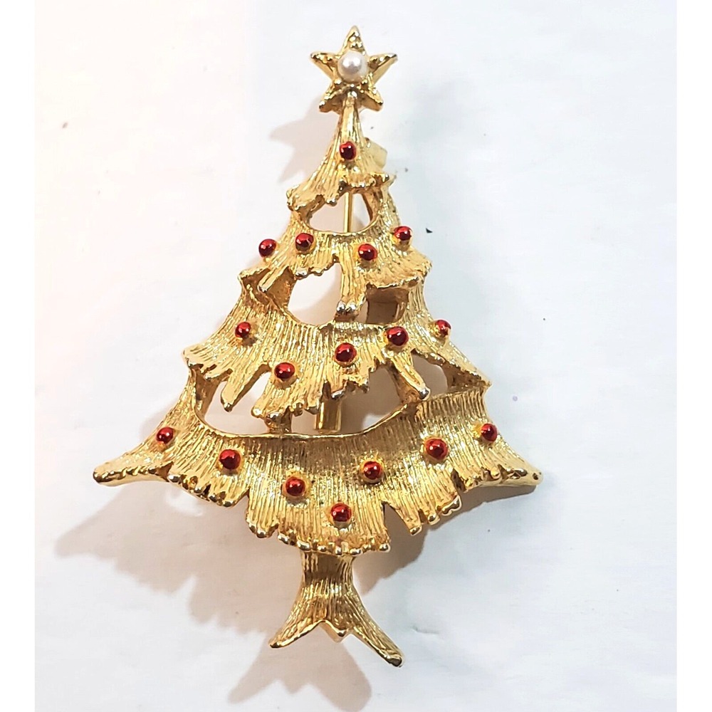 Vintage Gerry's Gold Tone Metal Red Enamel Faux Pearl Christmas Tree Brooch Pin